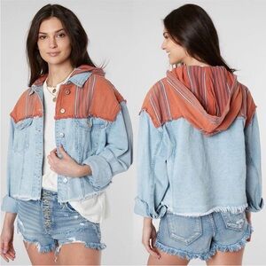 Free People Baja Hooded Denim Jacket Mixed Media Light Wash Boho Women’s Size L